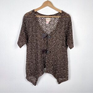 Toffee Apple VTG Sz.M crochet knit brown cardigan w/ faux leather button closure